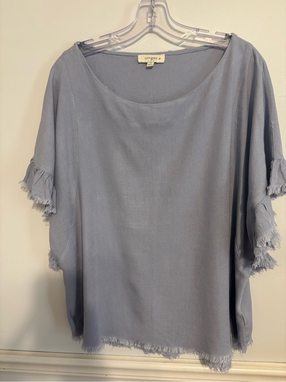 Umgee Dusty Blue Frayed Ruffle Sleeve Top